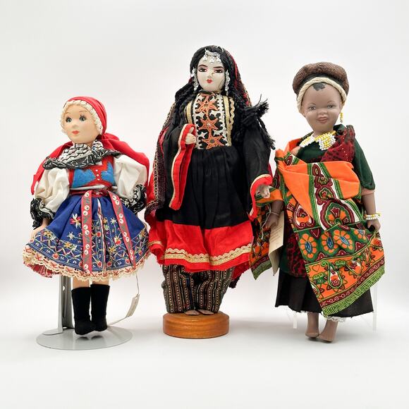 Lot 3 Intl Folk Dolls Czech Kroj Middle Eastern Swazi Carousel Vintage - Picture 1 of 13